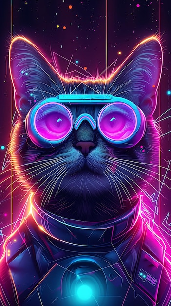 Portrait of Oriental Cat With a Transparent Nano Suit and Glowing Tattoo Cyber Poster Banner Flyer