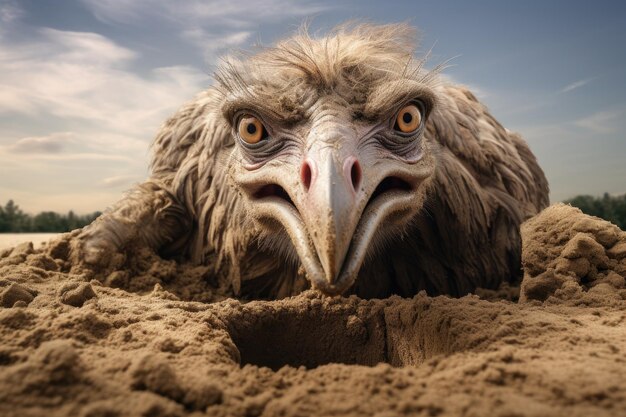 Portrait of an ostrich in the sand Selective focus A scared ostrich burying its head in the sand concept AI Generated