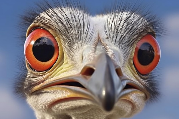 Portrait of an ostrich with a blue sky in the background