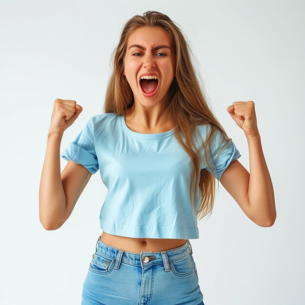 Portrait of overjoyed attractive woman standing with excited expression raising fists screaming