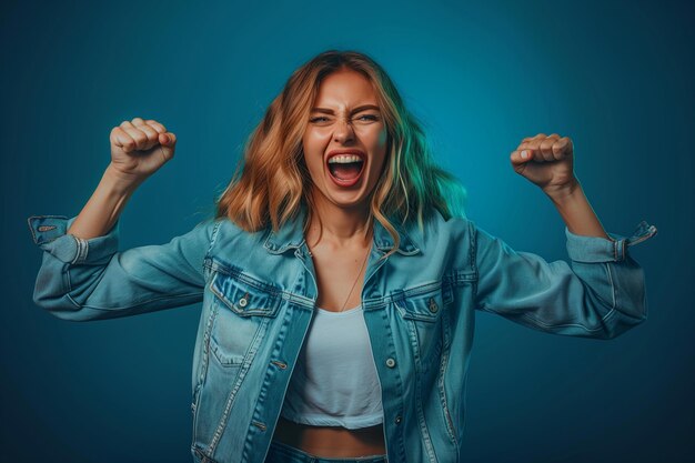 Portrait of overjoyed attractive woman standing with excited expression raising fists screaming