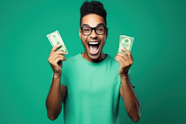 Photo portrait of overjoyed impressed african american person wear stylish tshirt eyewear holding smartphone win betting isolated on green color background