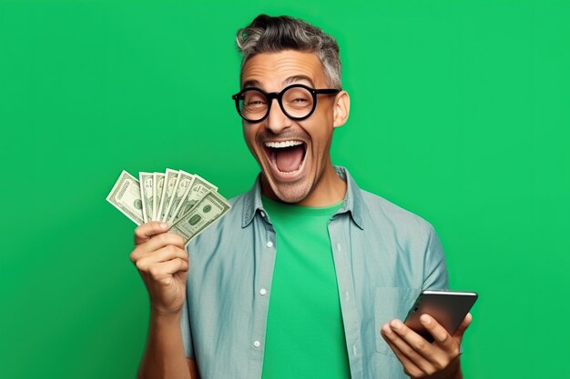 Portrait of overjoyed impressed person wear stylish tshirt eyewear holding smartphone win betting isolated on green color background