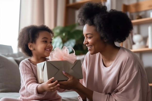 Portrait of overjoyed young african American mother and little daughter sit on couch hold birthday presents hug and cuddle smiling biracial mom and girl child celebrate anniversary Generative AI