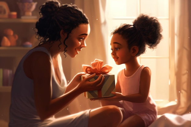 Portrait of overjoyed young african American mother and little daughter sit on couch hold birthday presents hug and cuddle smiling biracial mom and girl child celebrate anniversary Generative AI