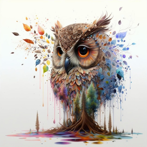 Portrait of an Owl abstract from a splash of watercolor