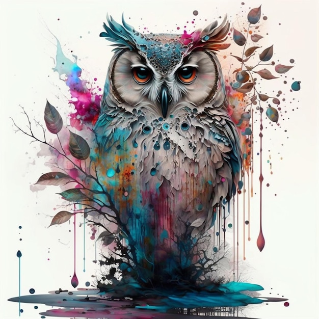 Portrait of an Owl abstract from a splash of watercolor