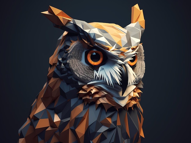 Portrait of an owl bird in low poly style on a dark background AI generated