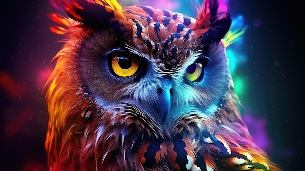 Portrait of an owl in neon colors AI generated