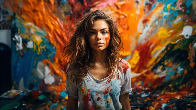 Photo portrait of a painter surrounded by vibrant splashes
