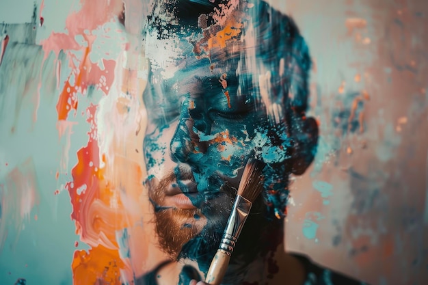 A portrait of a painter with a double exposure of a brush and a canvas