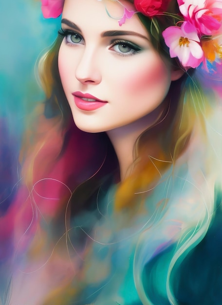 色とりどりの色調の美しい女性の肖像画。美しい少女の抽象的な絵。
