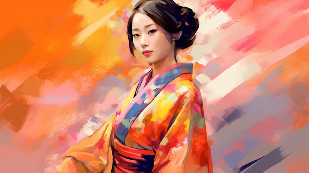 Portrait painting of a japanese model in kimono for advertising beauty salons and massage studios