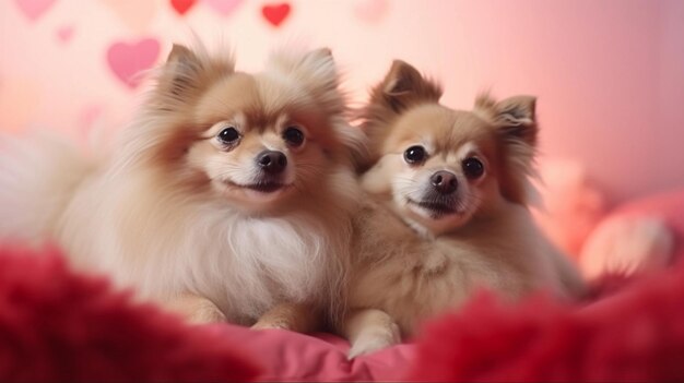 Portrait of a pair of cute dogs a Valentine's Day atmosphere background with space for text