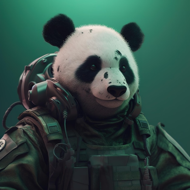 Портрет панды, одетой в тактическое военное снаряжение, на чистом фоне. Иллюстрация животных дикой природы Генеративный AI