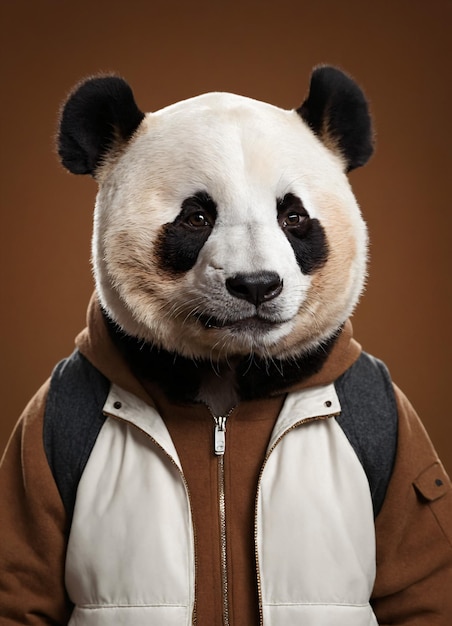 Portrait of a Panda who is dressed in a cardigan and shirt for a photo shoot on a chestnut brown and gray plain background