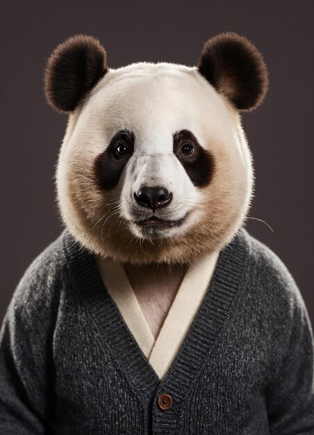 Portrait of a Panda who is dressed in a cardigan and shirt for a photo shoot on a chestnut brown