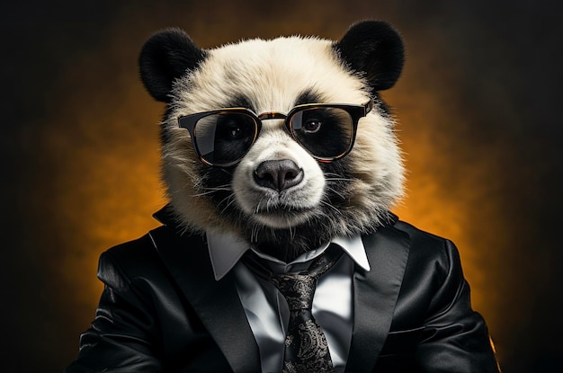 Photo portrait of panda with sunglasses wearing suit and tie on solid background generative ai