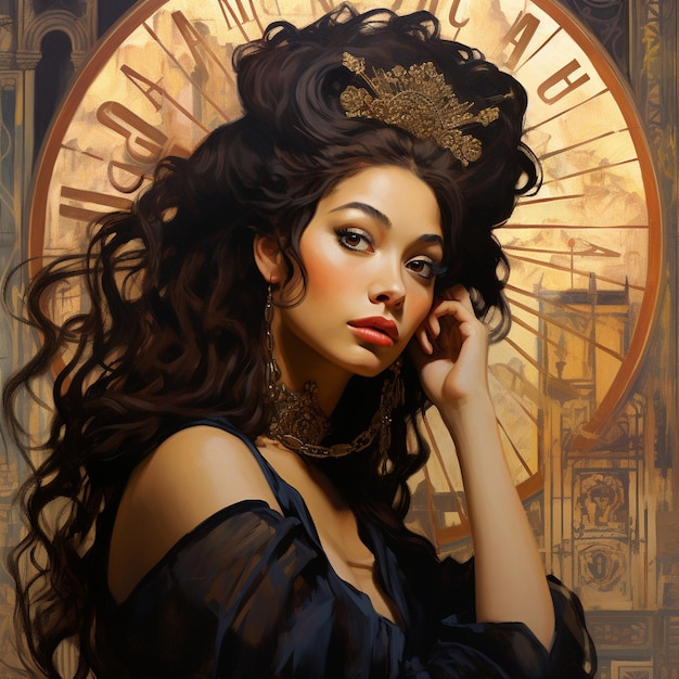 portrait of a Paris fashion model in the style of Alphonse Mucha style