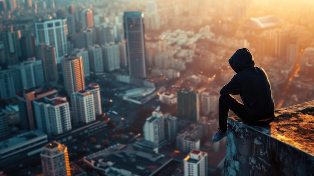 A portrait of a parkour practitioner sitting on the edge of a rooftop with the helmet in their lap