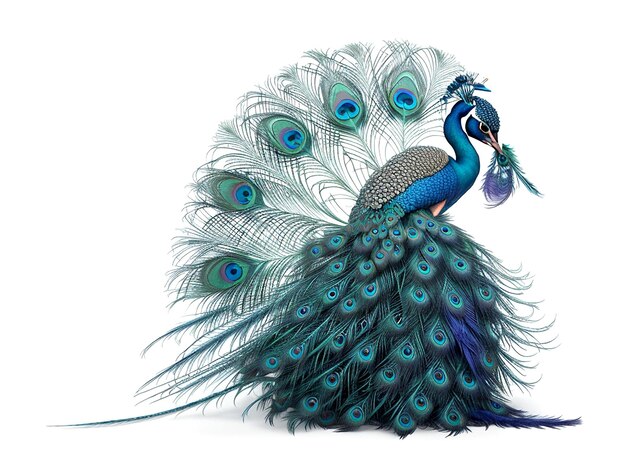 Portrait of a peacock with feathers isolated on a white background AI_Generated