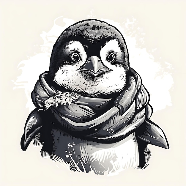 Portrait of Penguin Wearing a Scarf Waddling Playfully Blackwhi Vintage Poster 2D Flat Design Art