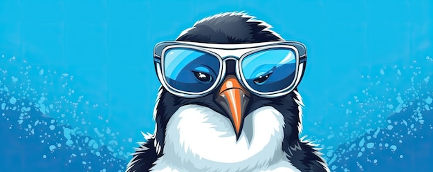 Portrait of penguin wearing sunglasses on blue background panorama generative ai