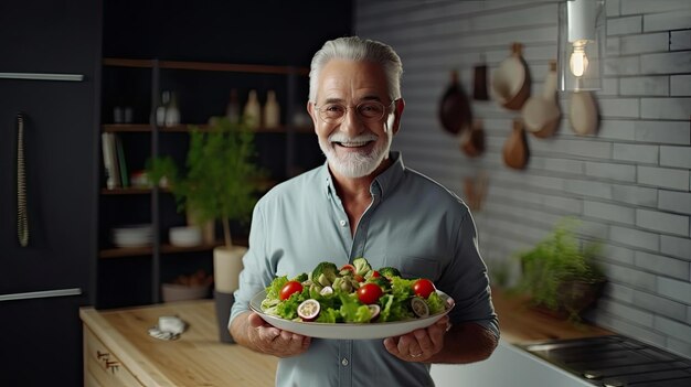 Portrait of pensioner mature man holding dish of healthy vegetable salad with smiley face