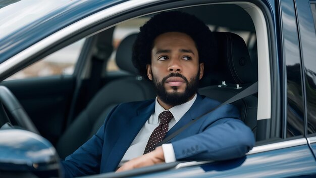 Photo portrait of pensive elegant afro etnicity businessman in the car as a passenger