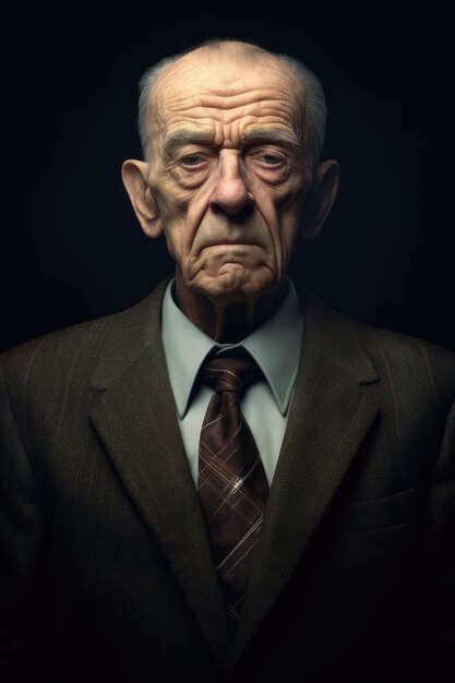 Portrait of pensive old man on black background created using generative ai technology