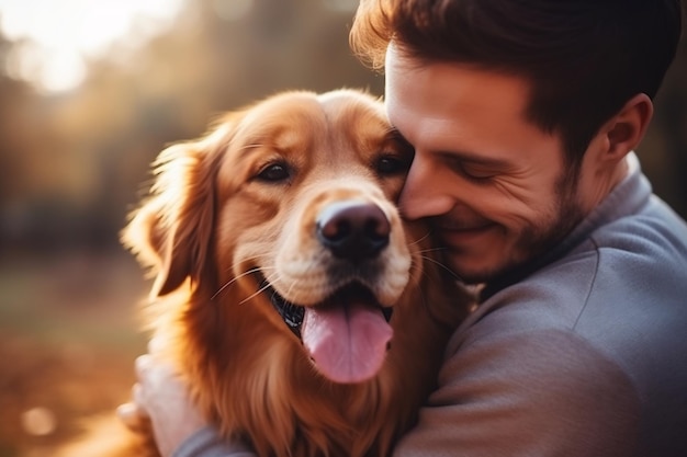 Portrait of people hugging golden retriever dog pet concept