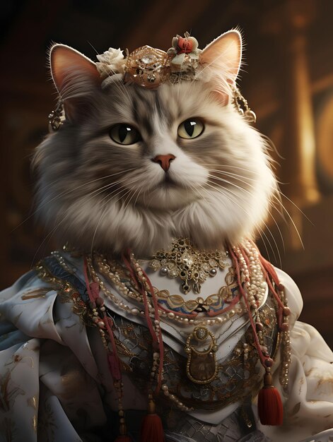 Portrait of persian cat adorned in a traditional puebla dress posing wit festive mexico traditional