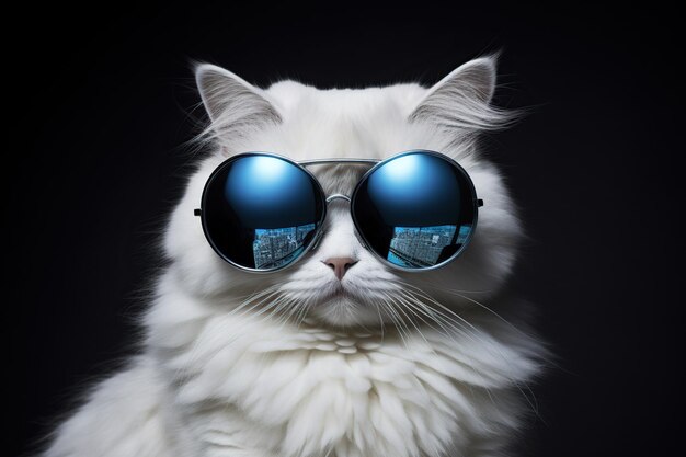 Portrait of persian cat wearing blue sunglasses on black background