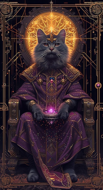 페르시아 고양이의 초상화와 휘어지는 사이버 왕좌와 왕실 사이버 포스터 배너 플라이어