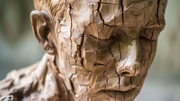 Foto ritratto di una persona scolpita in legno con molte crepe di età