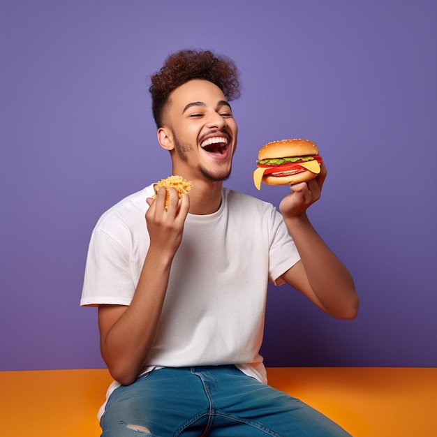 チーズバーガーを食べている人の肖像画
