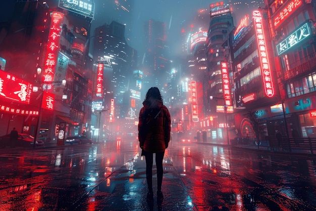 Photo a portrait of a person standing amidst a neonlit cityscape with vibrant futuristic colors