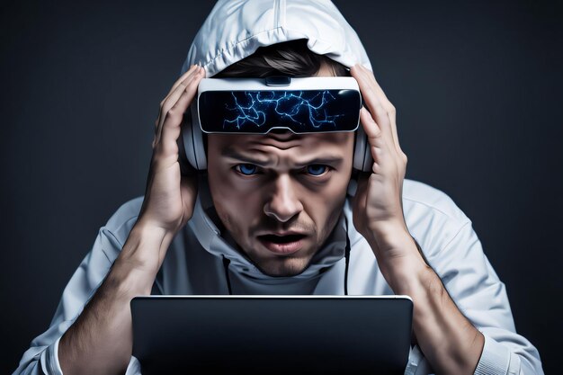 Photo portrait of person suffering from cyber sickness from using a tech device for too long