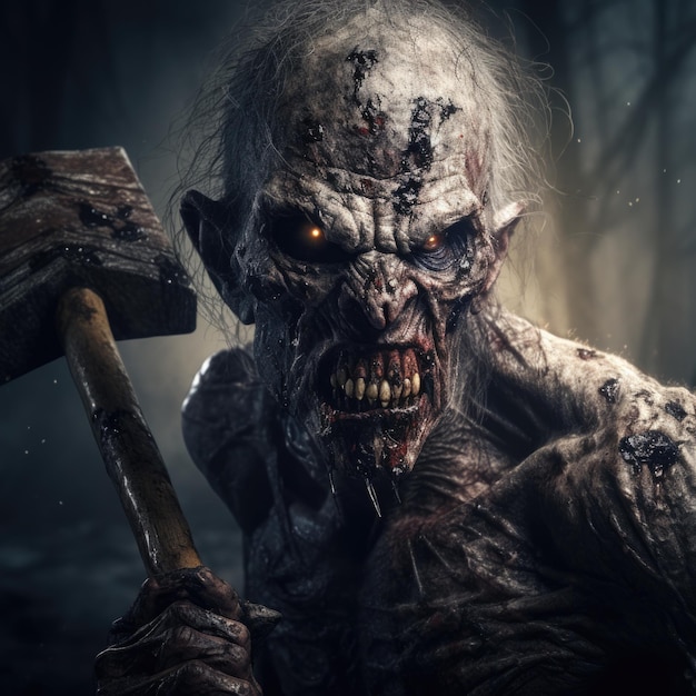 Portrait of a person undead creature attacking with an axe