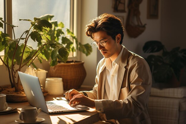 Portrait of a person using his laptop in a room with a desk