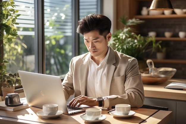 portrait of a person using his laptop in a room with a desk