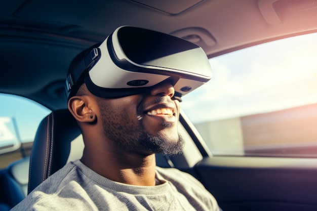 Portrait of a person wearing virtual reality goggles whilst driving a car