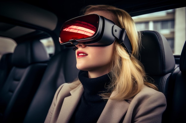 Portrait of a person wearing virtual reality goggles whilst driving a car