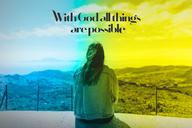 Portrait of person with gradient effect and religious quote