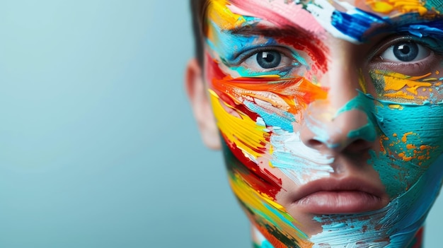 A portrait of a person with half of their face painted in colorful abstract strokes and the other