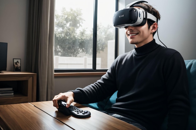 노트북과 VR 세트를 가진 사람의 초상화