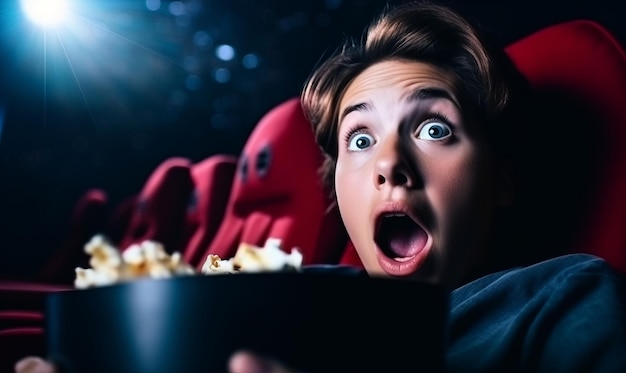 Портрет человека с шокированным или испуганным выражением лица, смотрящего фильм в кинотеатре