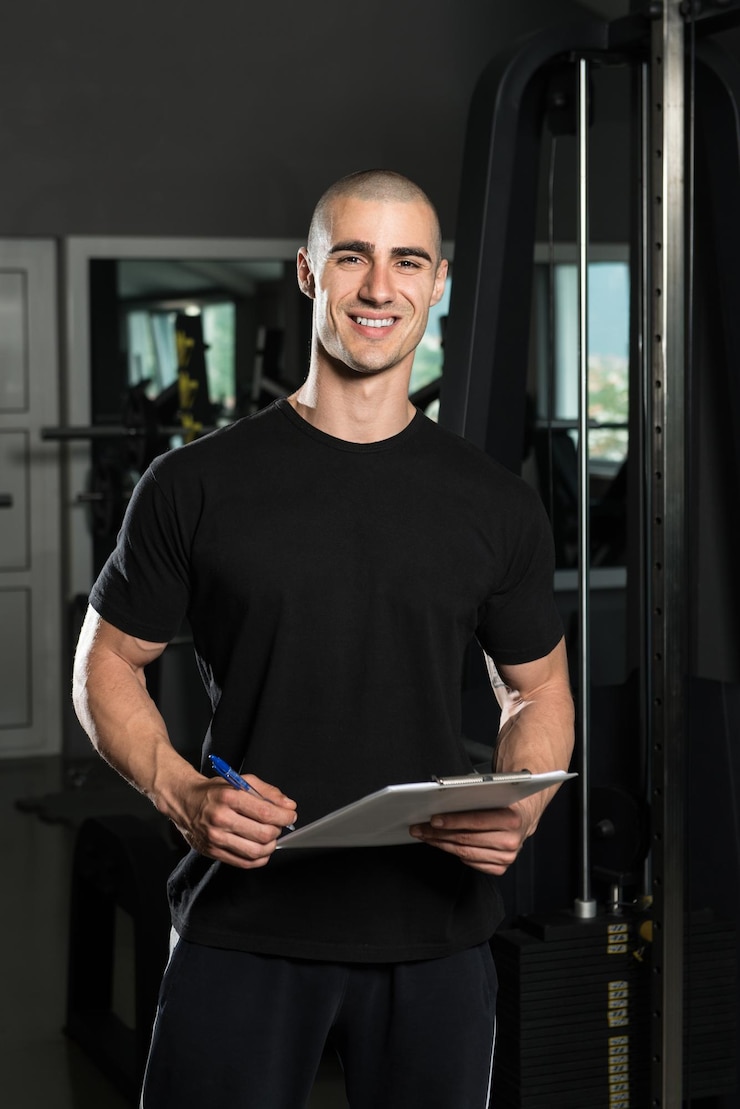 Photo portrait of a personal trainer in the gym with clipboards in his hands