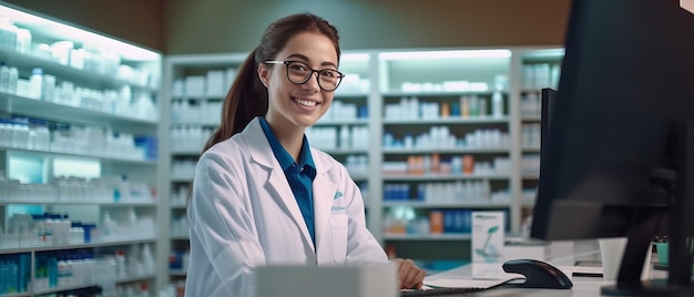 Фото Портрет фармацевта американской женщины за столом с компьютером в аптеке