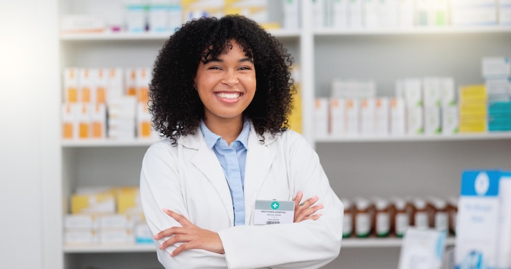 Photo portrait of a pharmacist with folded arms against a background of prescription medication happy young professional health care worker waiting to diagnose and prescribe pills at a clinic dispensary